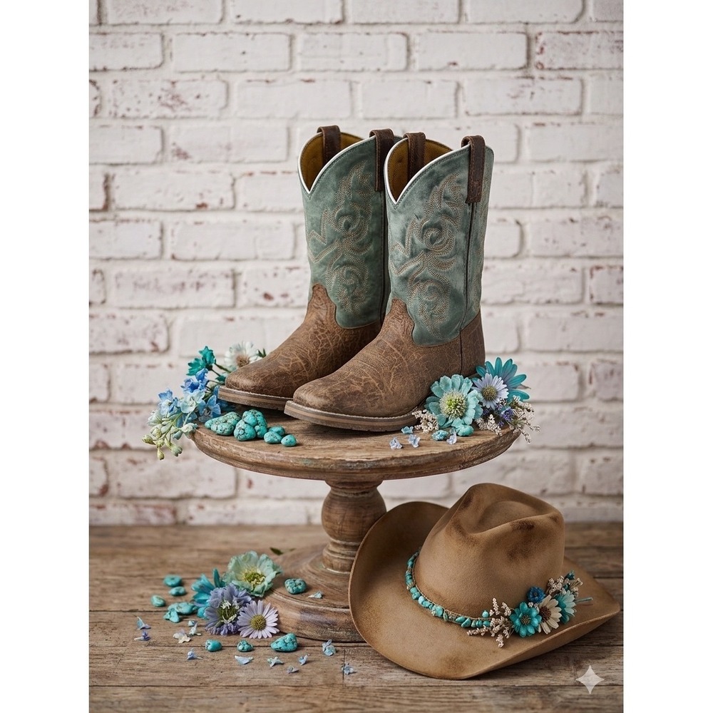 Dan Post 🦋🤎Western Boots(Youth 5.5)Brown Teal Floral Cowgirl Women 7.5